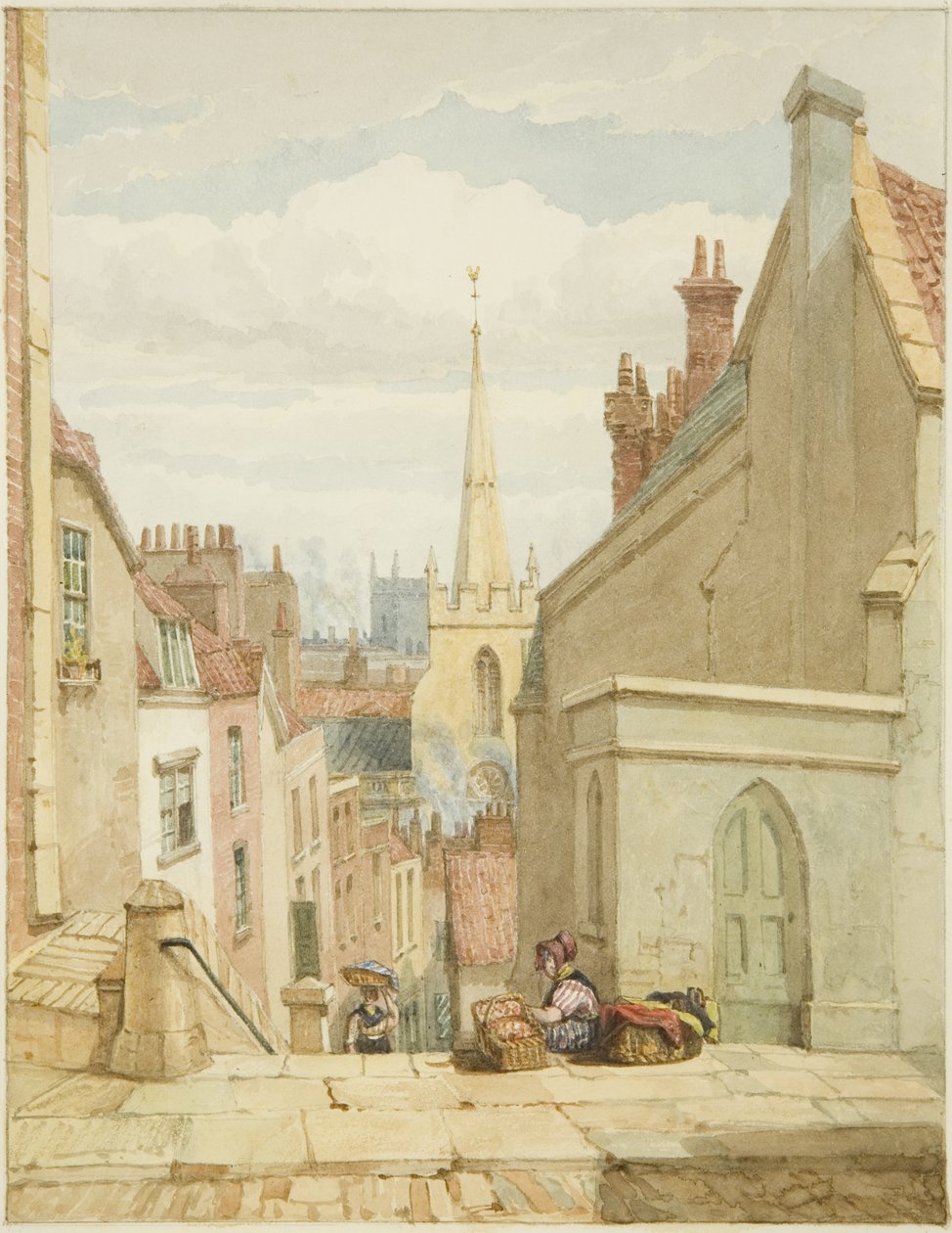 Queen Street [senere Christmas Steps] (blyant og akvarell på papir) av George Orleans Delamotte
