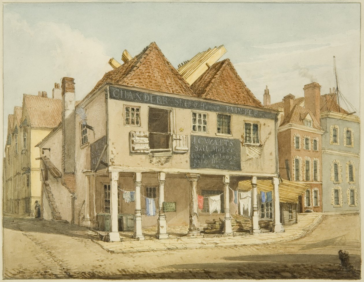 Det gamle maismarkedet på kaien (blyant og akvarell på papir) av George Orleans Delamotte