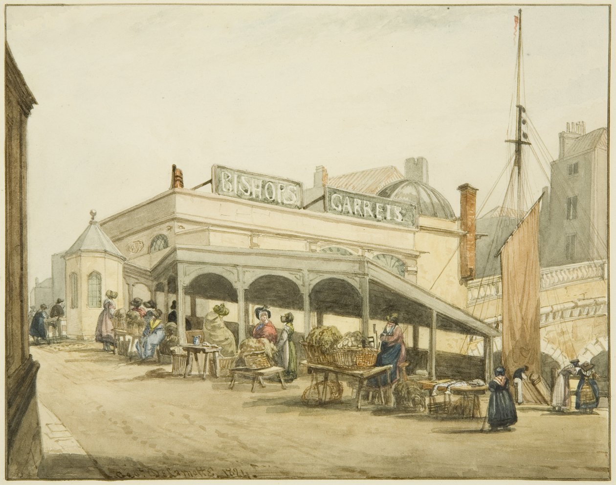 The Oyster Women's Shed at Bristol Bridge (blyant og akvarell på papir) av George Orleans Delamotte