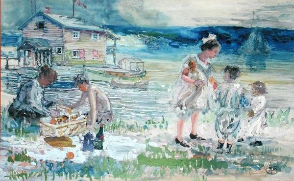 Picnic at the Beach (akvarell på papir) av George Overbury Hart