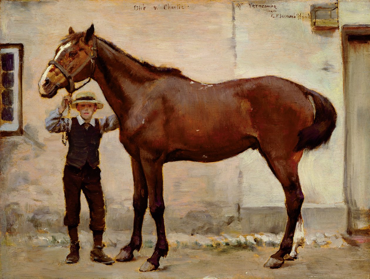 Dick og 'Charlie' ved Wherwell Priory (olje om bord) av George Percy Jacomb Hood