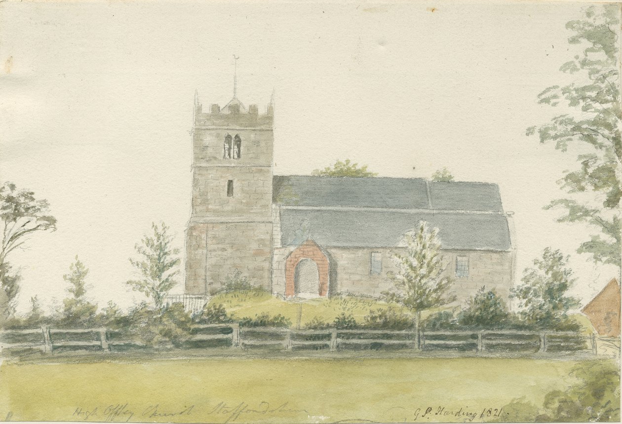 High Offley Church: vannfargemaleri, 1821 av George Perfect Harding
