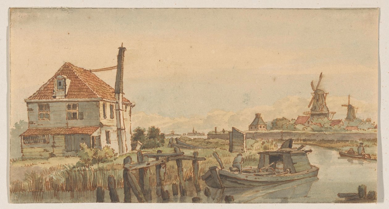 Seil med båt, hus og to vindmøller av George Pieter Westenberg