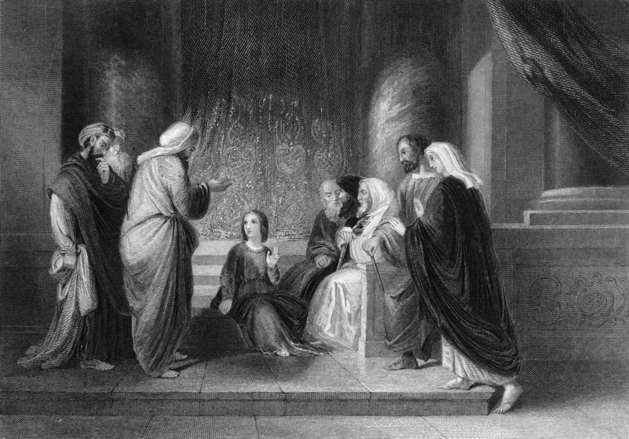 De fant ham i templet, sittende midt blant legene, ca 1840. av George Presbury