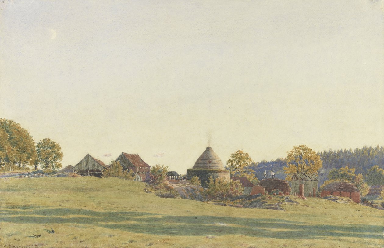Brickfield i Pitland Street, Surrey (svart bly, wc og kroppsfarge på papir) av George Price Boyce