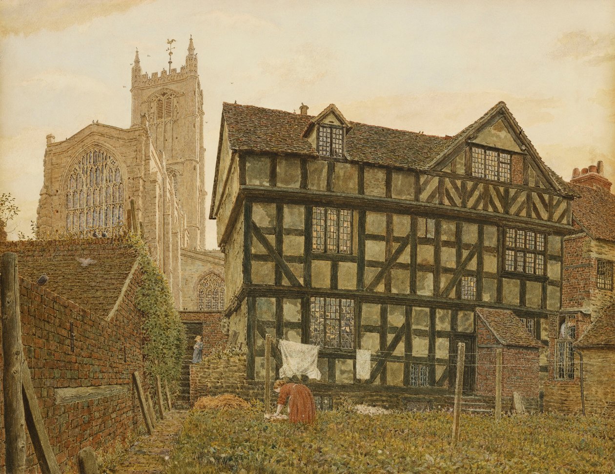 Kirke og gammelt ubebodd hus i Ludlow, 1871-72 av George Price Boyce