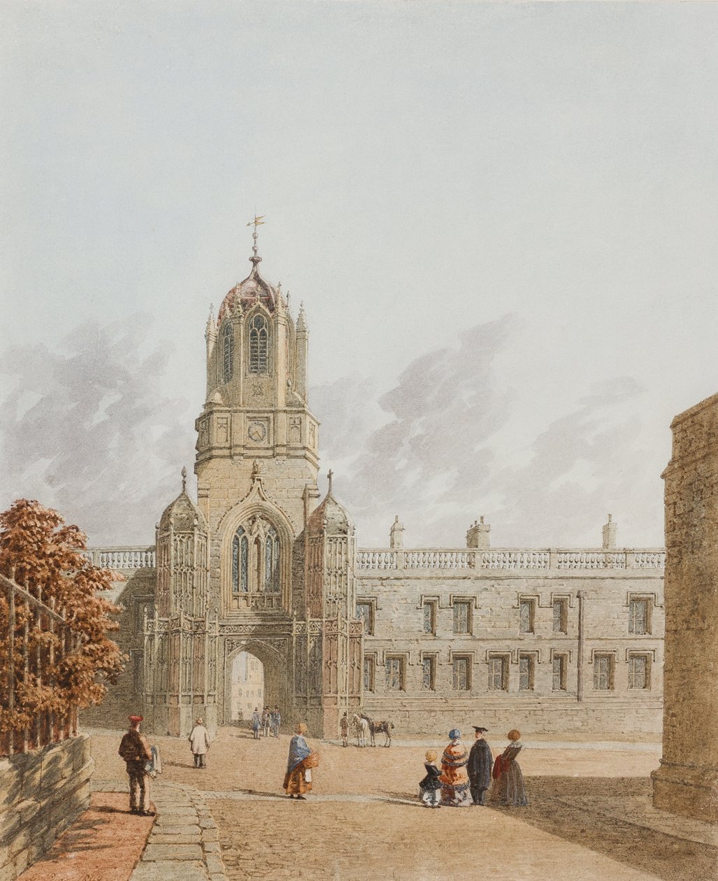 Tom Tower, Christ Church fra Pembroke Square, Oxford, 1849 (blekk og wc på papir) av George Pyne