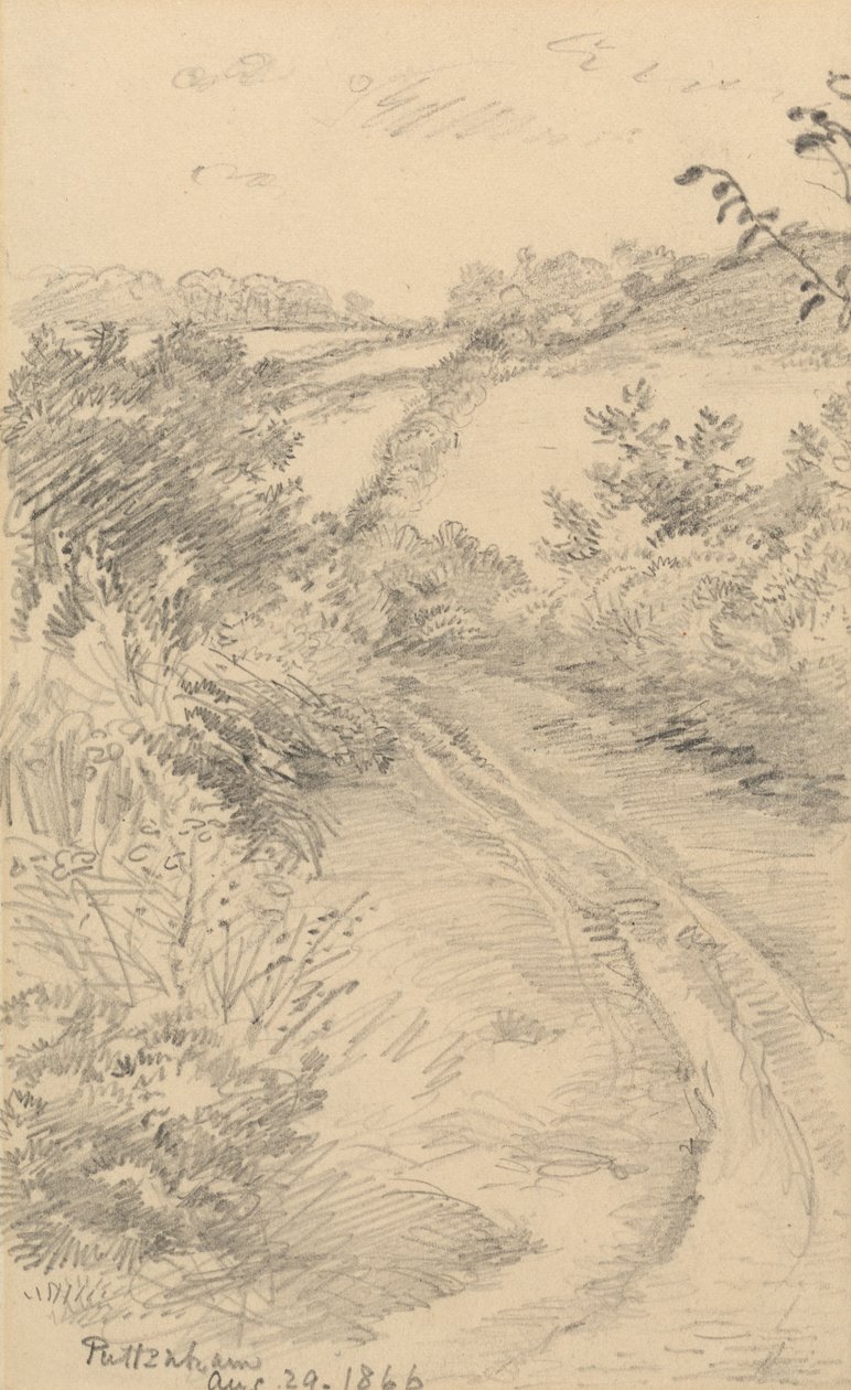 En buskete vei med et felt utenfor av George Richmond