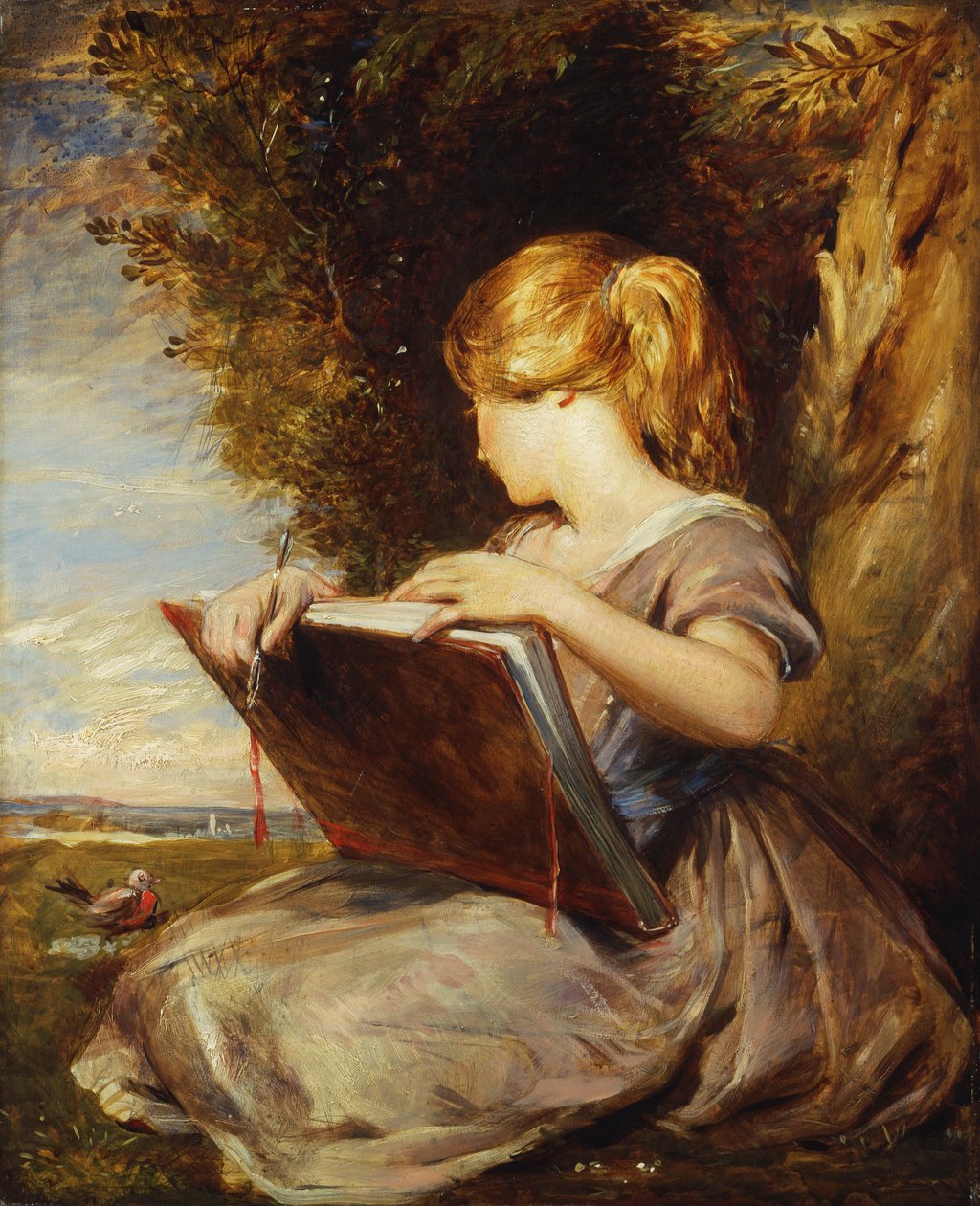 En ung jente som sitter under et tre med en skissebok, av George Richmond
