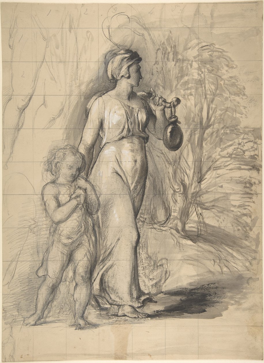 Hagar og Ismael i ødemarken (recto); to portrettstudier av kunstnerens kone og en studie av et ben og en torso (verso) av George Richmond
