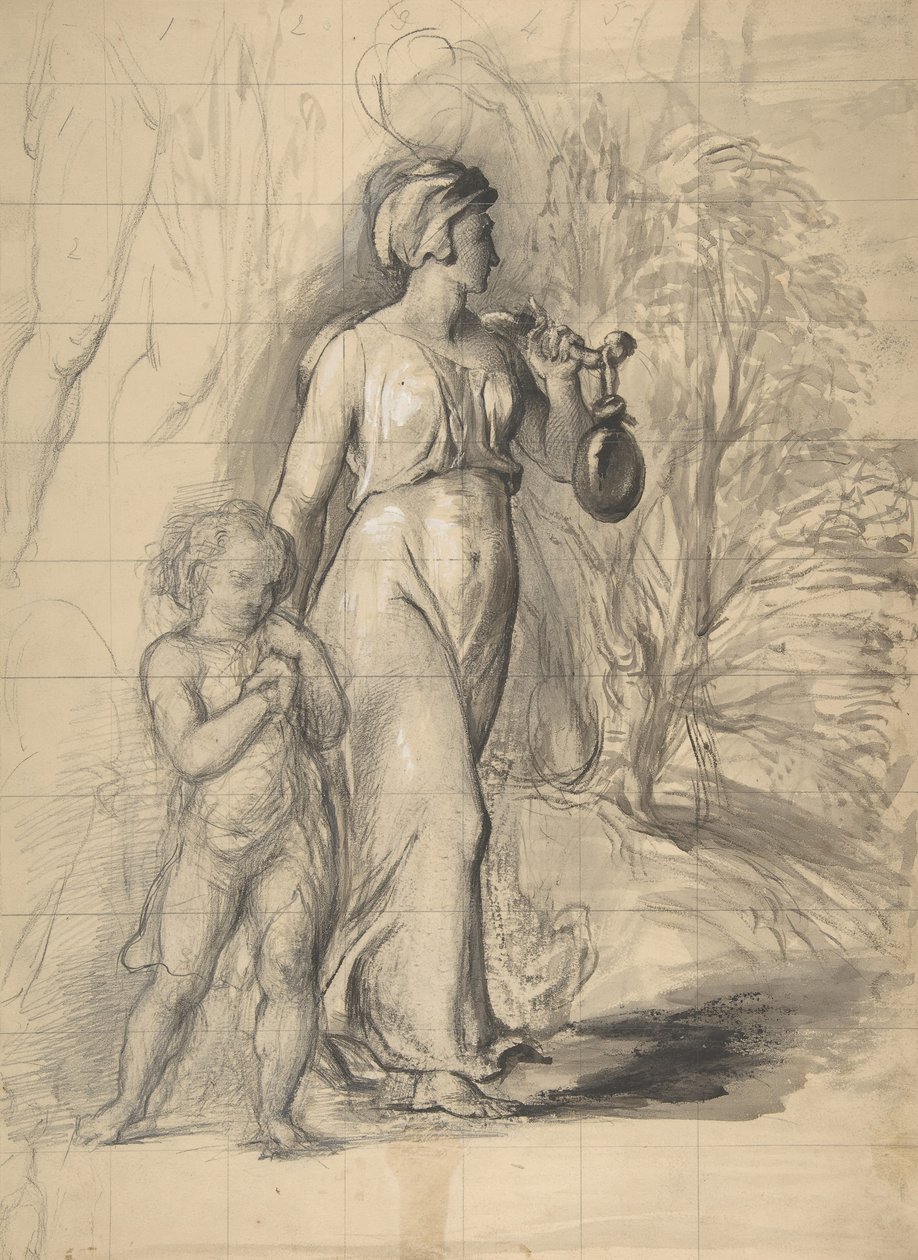Hagar and Ishmael in the Wilderness recto, To portrettstudier av kunstnerens kone..., 1829-33. av George Richmond