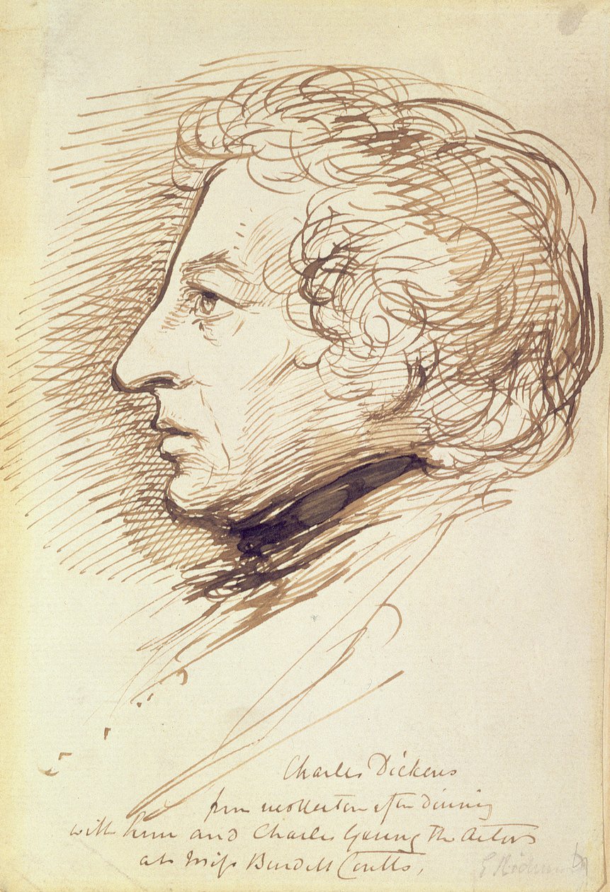 Portrett av Charles Dickens (1812-70) (penn og brunt blekk på papir) av George Richmond