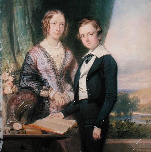 Portrett av en ukjent ung mann som står ved sin mor (akvarell på papir) av George Richmond