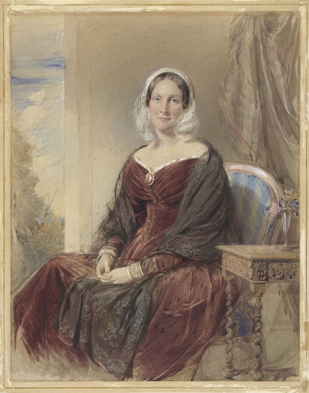Portrett av en sittende dame som ser gjennom utsiden av George Richmond