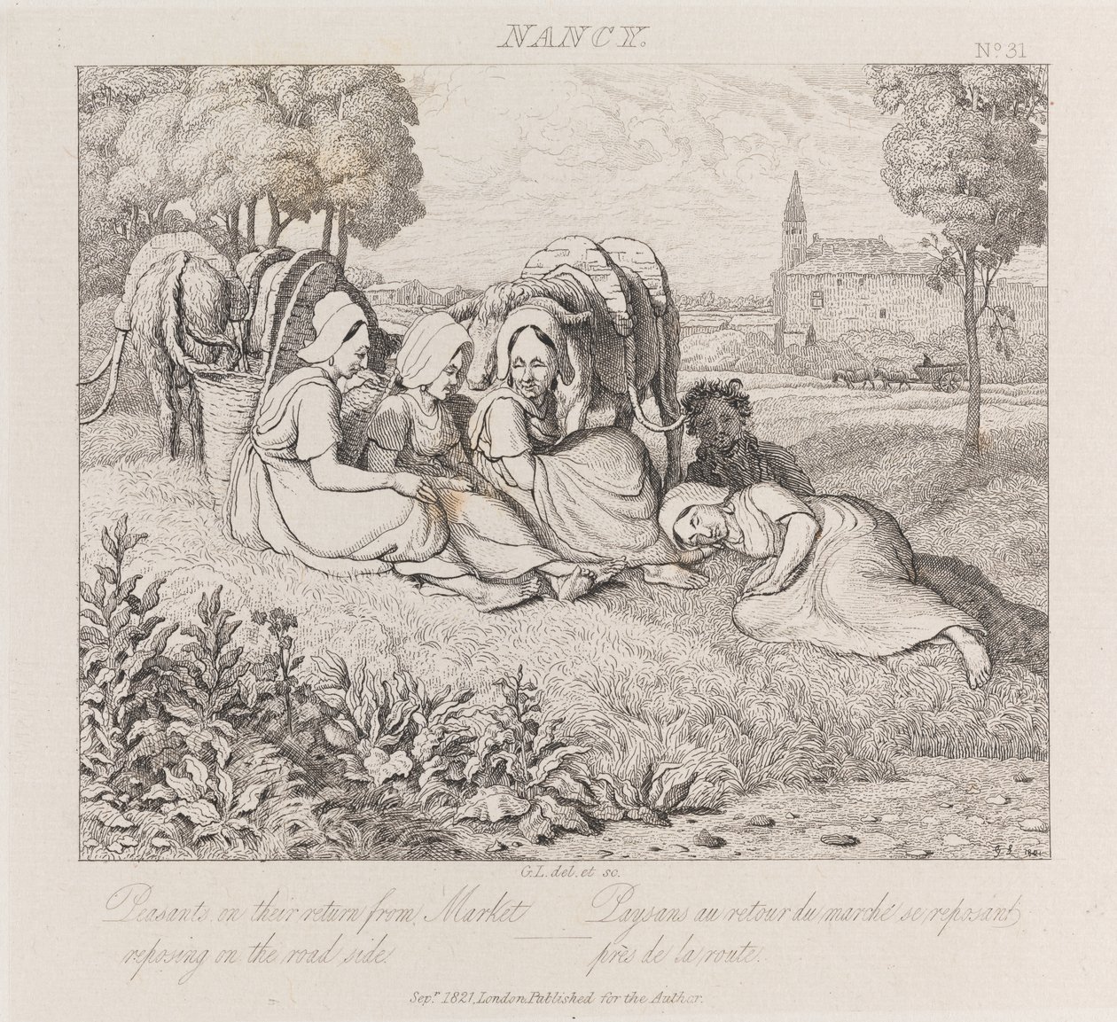Bønder som vender tilbake fra markedet, Nancy, ca. 1821 (etsing) av George Robert Lewis