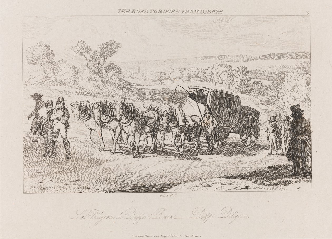 Vei til Rouen fra Dieppe, Diligence, ca. 1821 (etsing) av George Robert Lewis