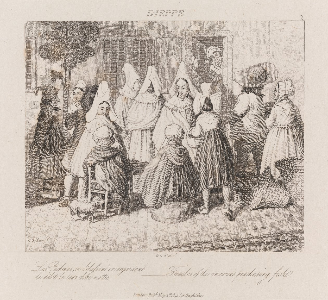 Kvinner som kjøper fisk, Dieppe, ca. 1821 (etsing) av George Robert Lewis