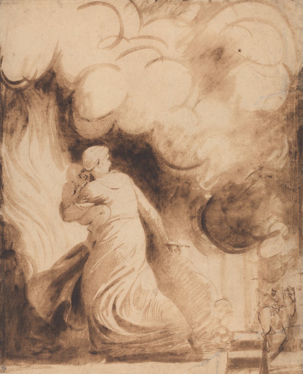 En mor med barnet sitt i armene, som flyr over festningsmurene til en by i flammer av George Romney