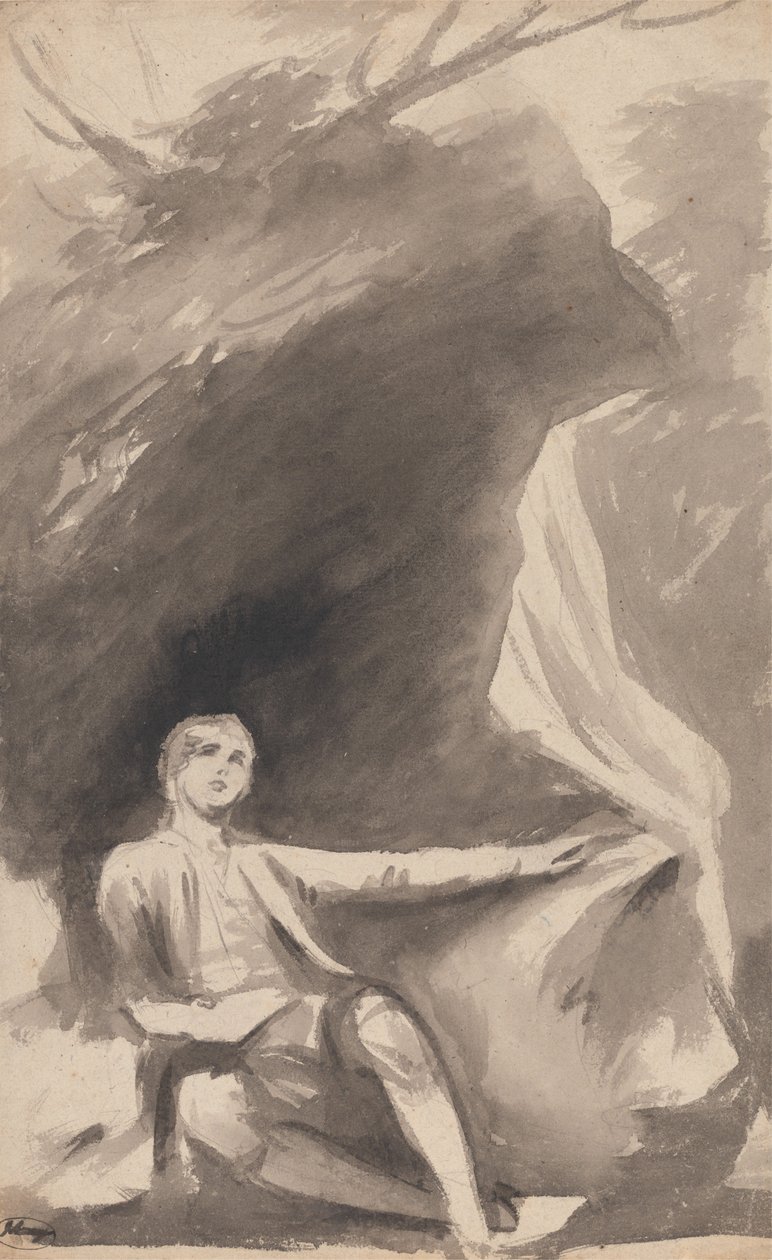 Gutt som sitter under en stein av George Romney