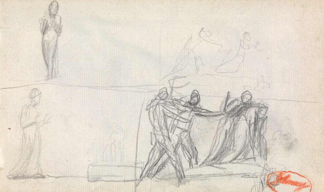 Gruppescene og to skisser av en stående figur av George Romney
