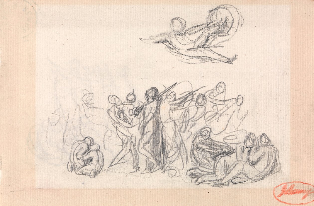 En gruppe figurer, med en flygende figur over dem av George Romney