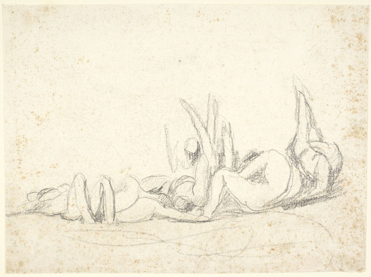 En gruppe lidende figurer på bakken  (skisse til «Howard besøker fengsler») av George Romney