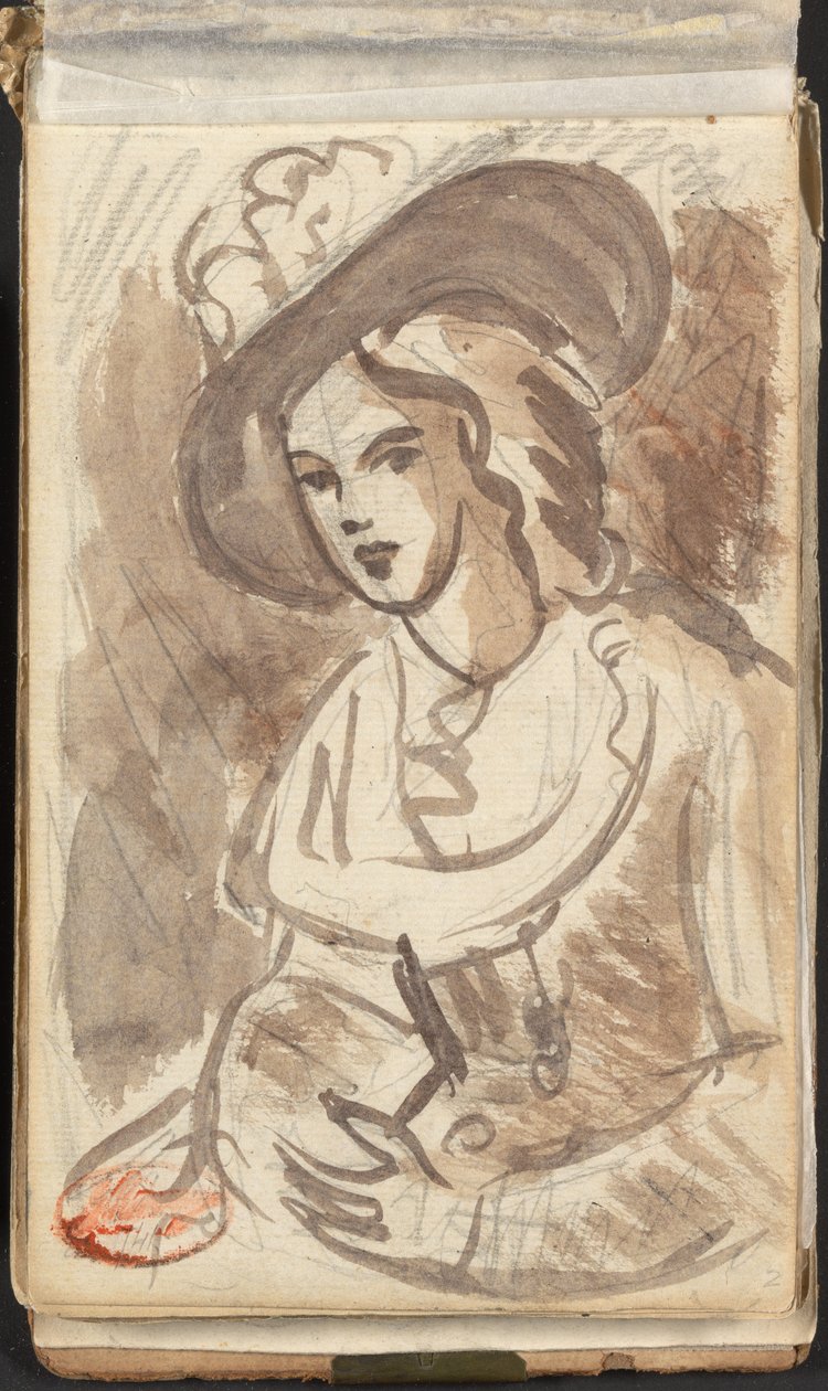 Halvfigurportrett av en dame med hatt av George Romney