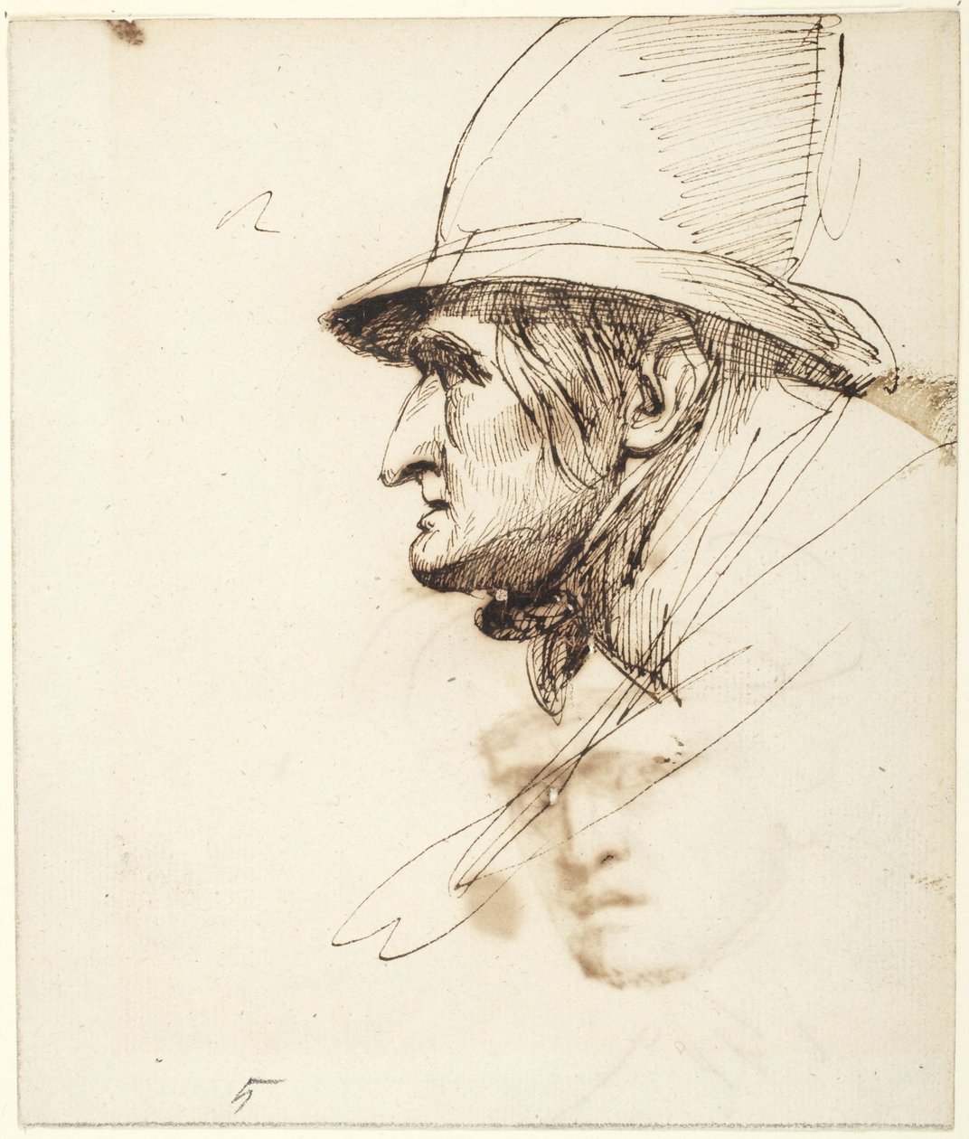 Hodet til en mann sett i profil, iført en stor hatt av George Romney