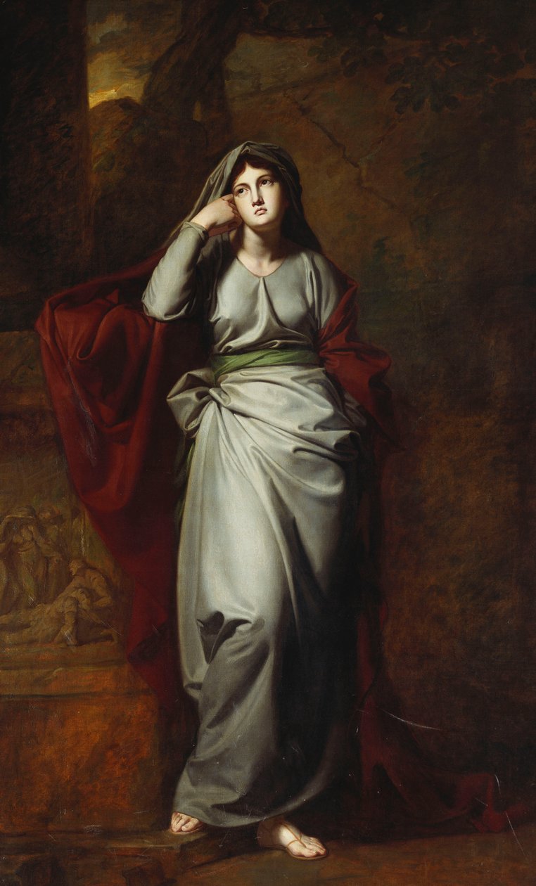 Il Penseroso, eller melankoli: En kvinneskikkelse, i full lengde, iført lysegrønne kapper, stående i et landskap, hvilende venstre albue på en sokkel som bærer en klassisk frise, av George Romney