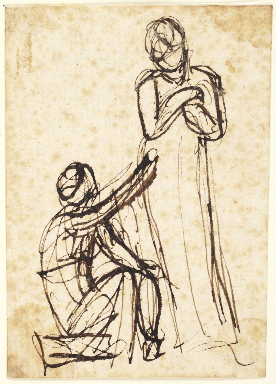 Knelende figur som rekker en gjenstand til en stående figur av George Romney