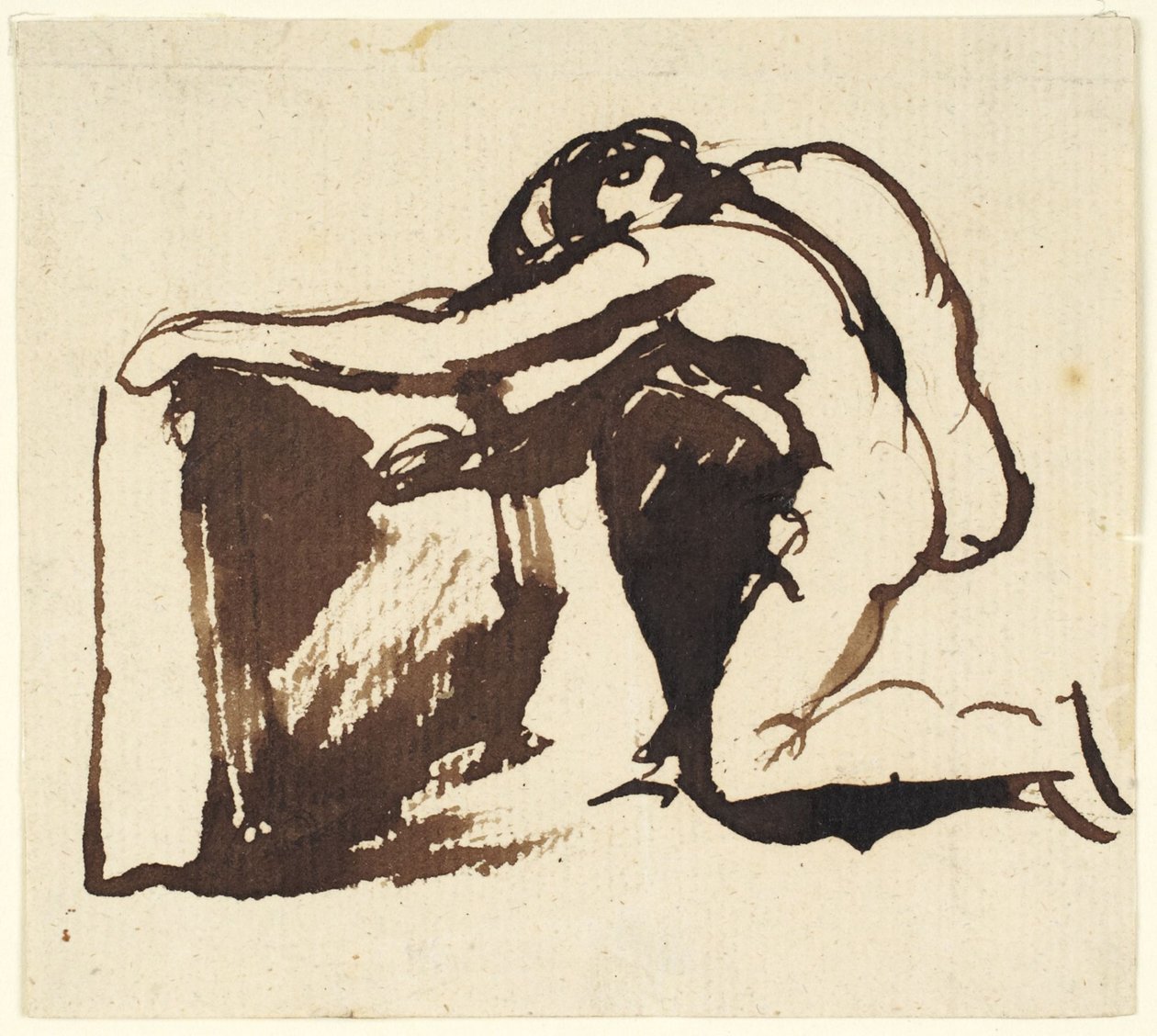 En naken figur som sitter på kne og skriver på en stor tavle av George Romney