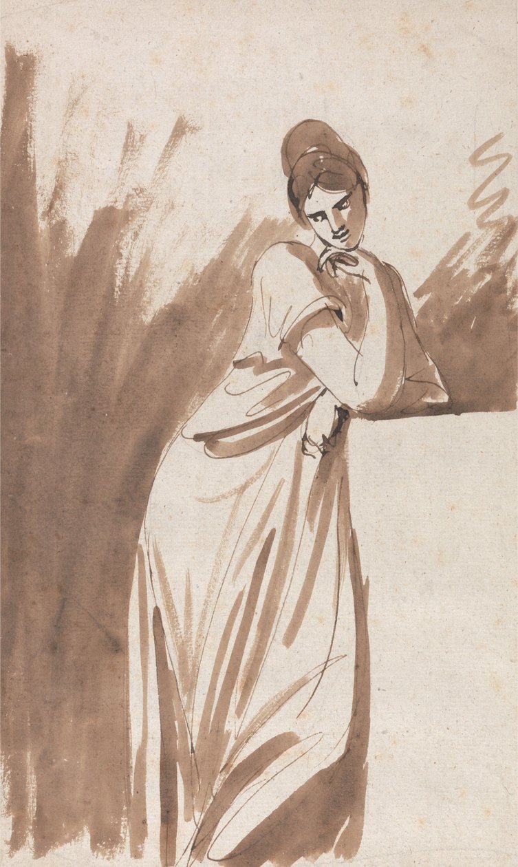 Dame som lener seg mot en sokkel (muligens en skisse til «Miss Woodley») av George Romney