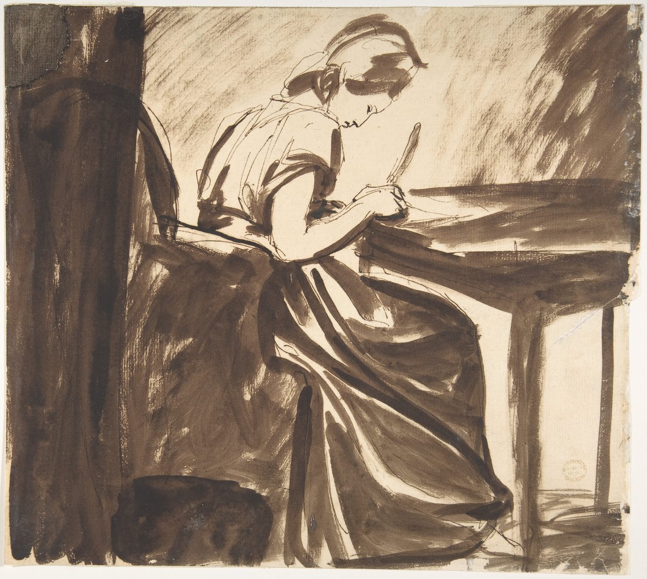Dame sittende ved et bord (forsiden); Dansende figurer (baksiden) av George Romney