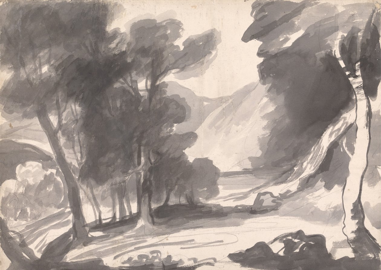 Landskapsstudie: Skogholt, innsjø og fjell av George Romney