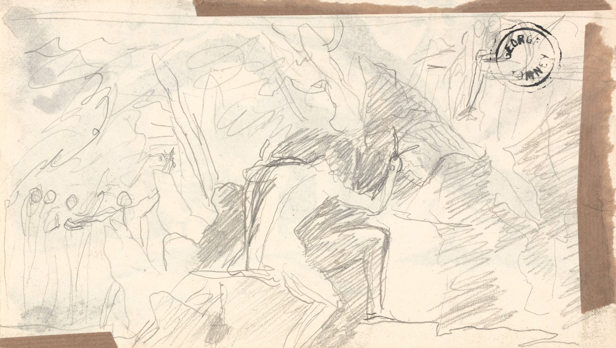 Naken mann i et steinete ødemark med figurer i det fjerne av George Romney