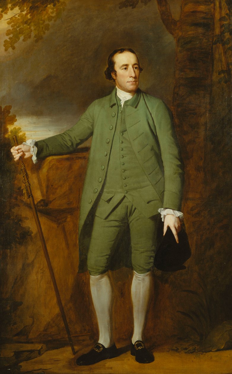 Portrett av George Morewood, stående i full lengde, i en grønn frakk, vest og knebukser, holder en hatt i venstre hånd, en stokk i høyre, av George Romney