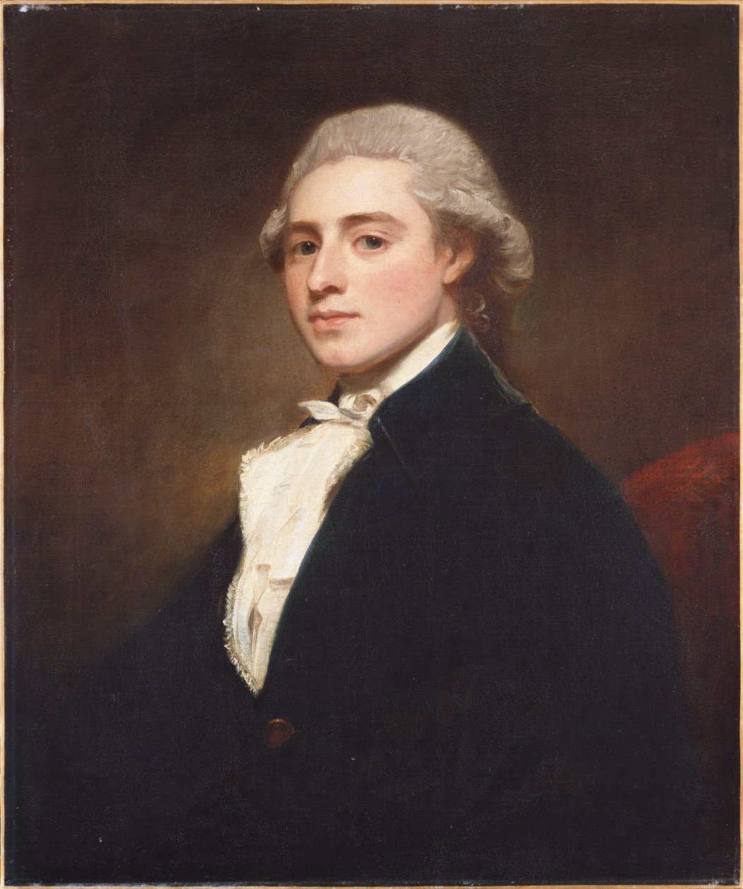 Portrett av James Dashwood, halv lengde, iført blå jakke og hvit jabot av George Romney