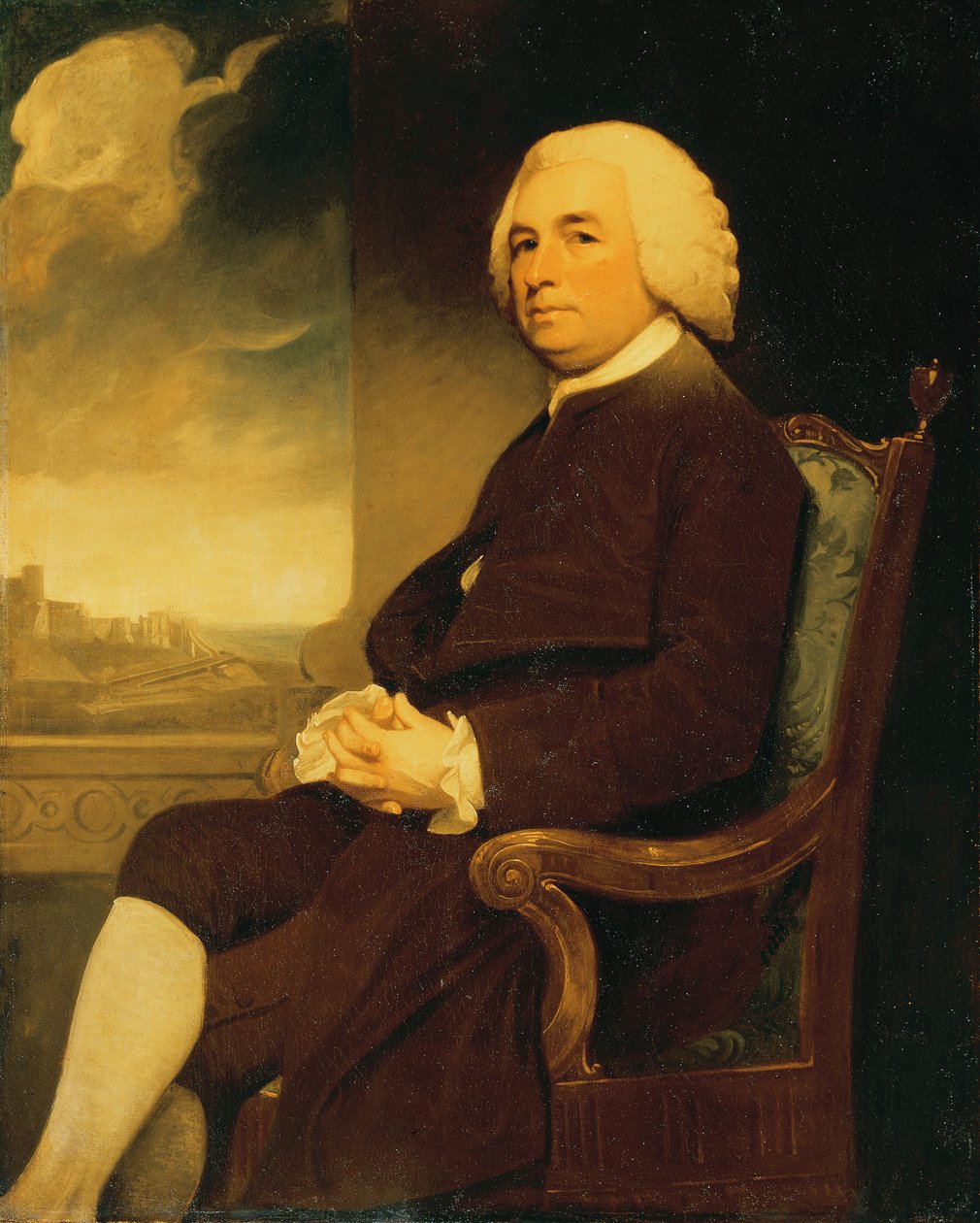 Portrett av Michael Russell, sittende, med Dover Castle utenfor (olje på lerret) av George Romney