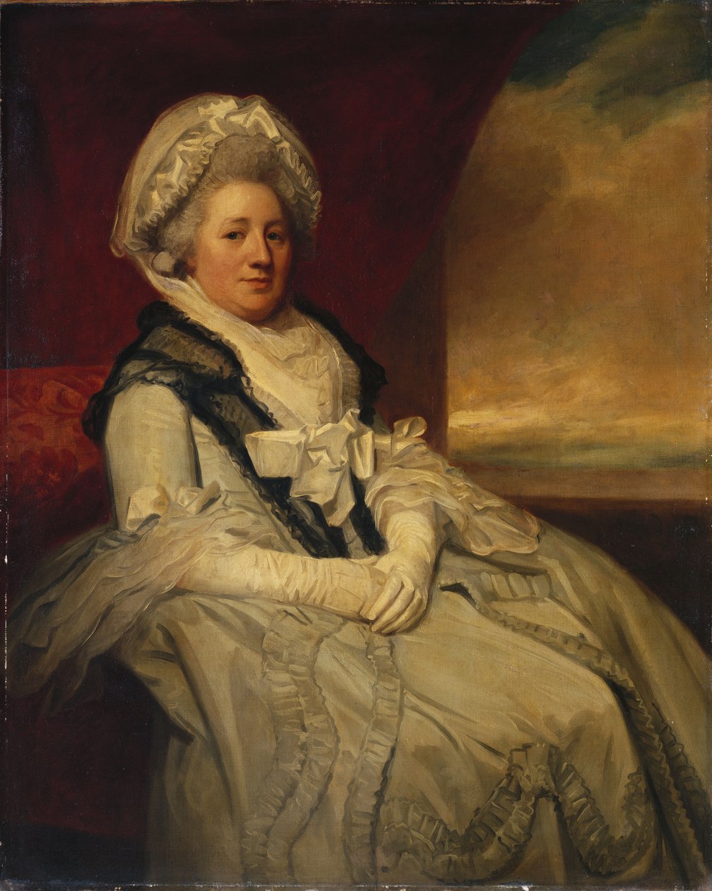 Portrett av fru Uppleby, sittende trekvart lang, iført hvit kjole og panser med svart sjal av George Romney