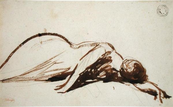 Nedbøyd kvinne (pensel og brunt blekk over grafitt på lagt papir) av George Romney