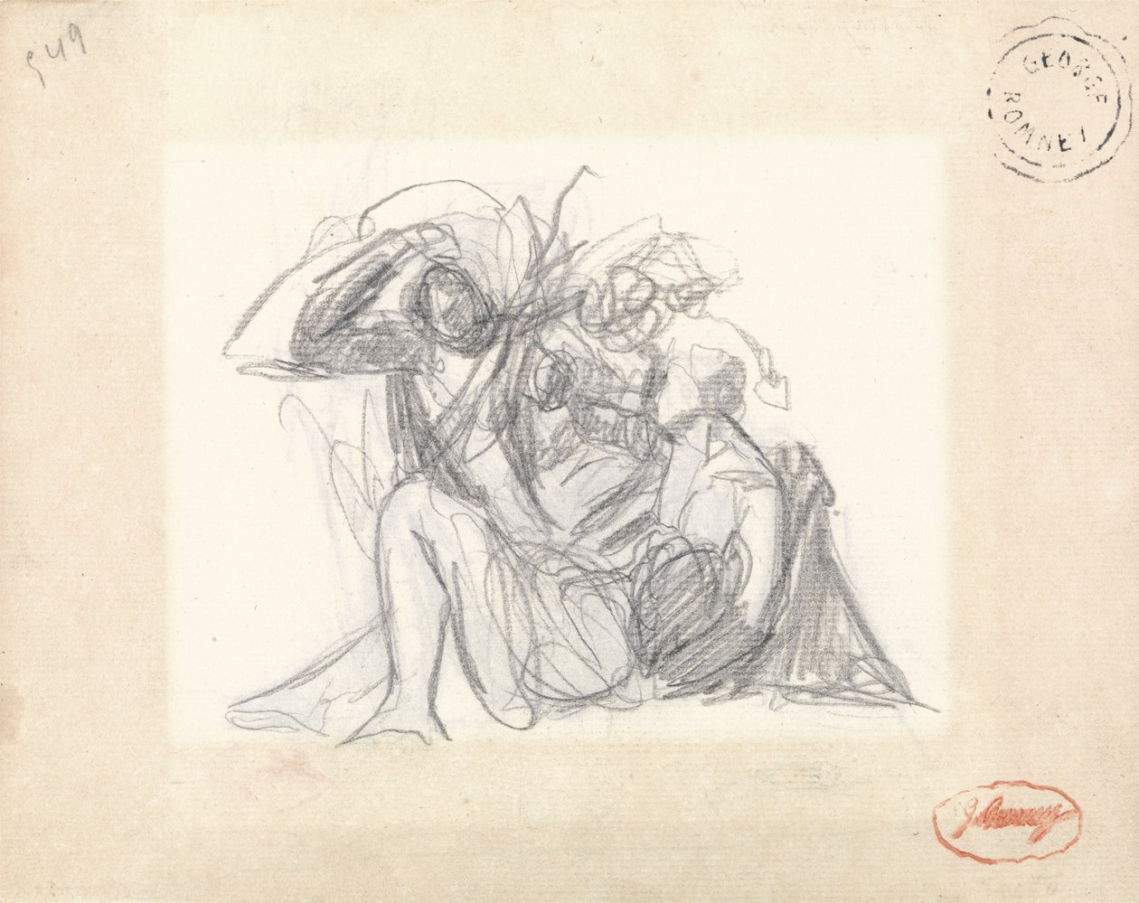 Liggende kvinne og andre figurer (grafitt på papir) (se 153910) av George Romney