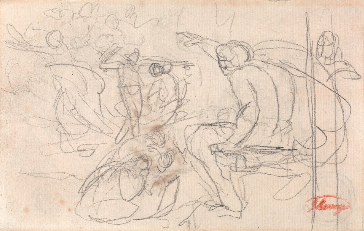 Sittende figur som feller dom over en knelende figur av George Romney