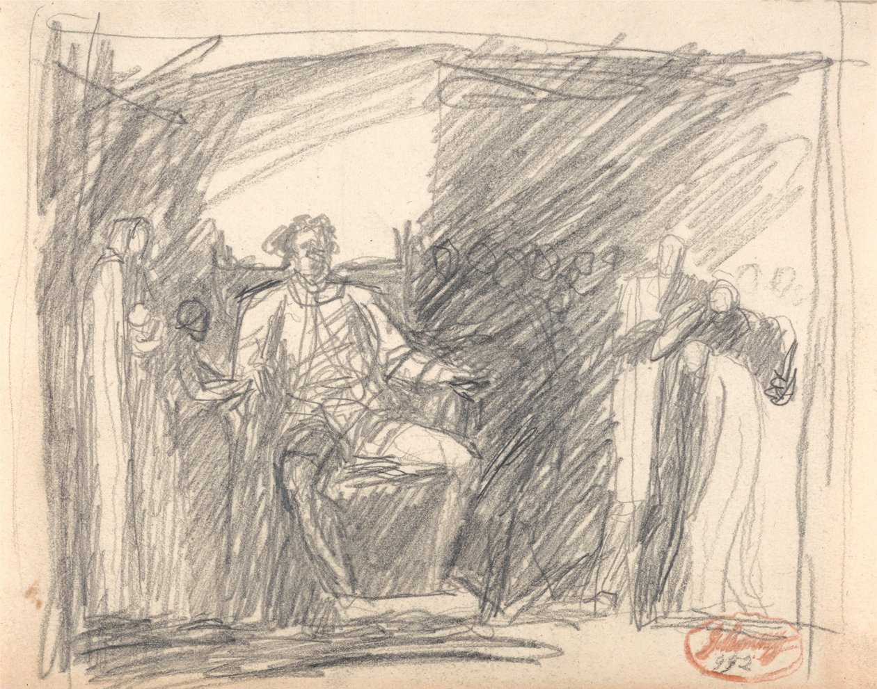 Sittende figur omgitt av tjenere av George Romney