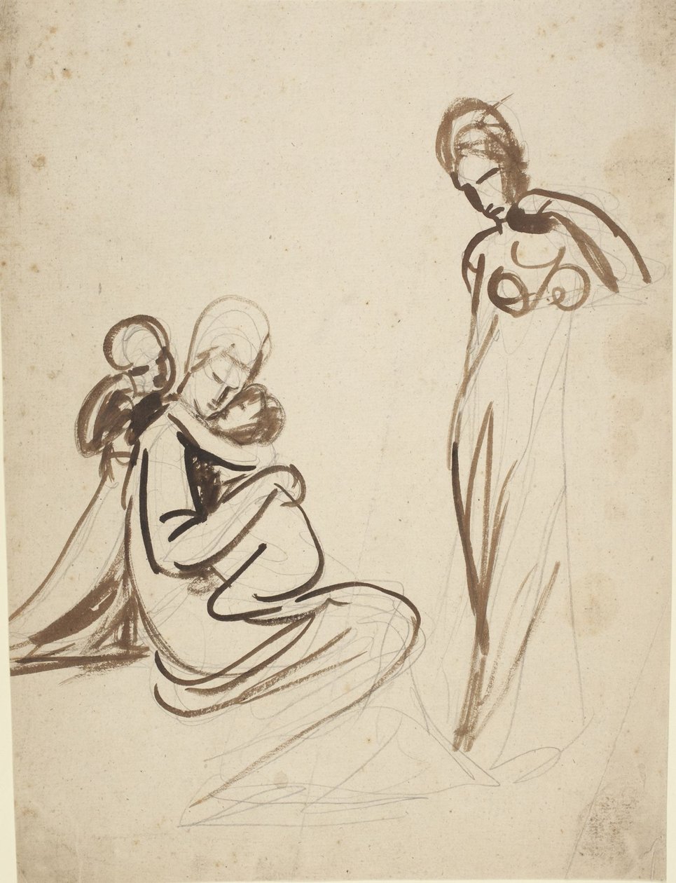 Sittende kvinne med to barn og en stående kvinne av George Romney