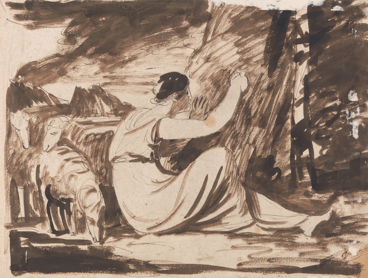 En gjeterinne som risser inn en inskripsjon i et tre av George Romney