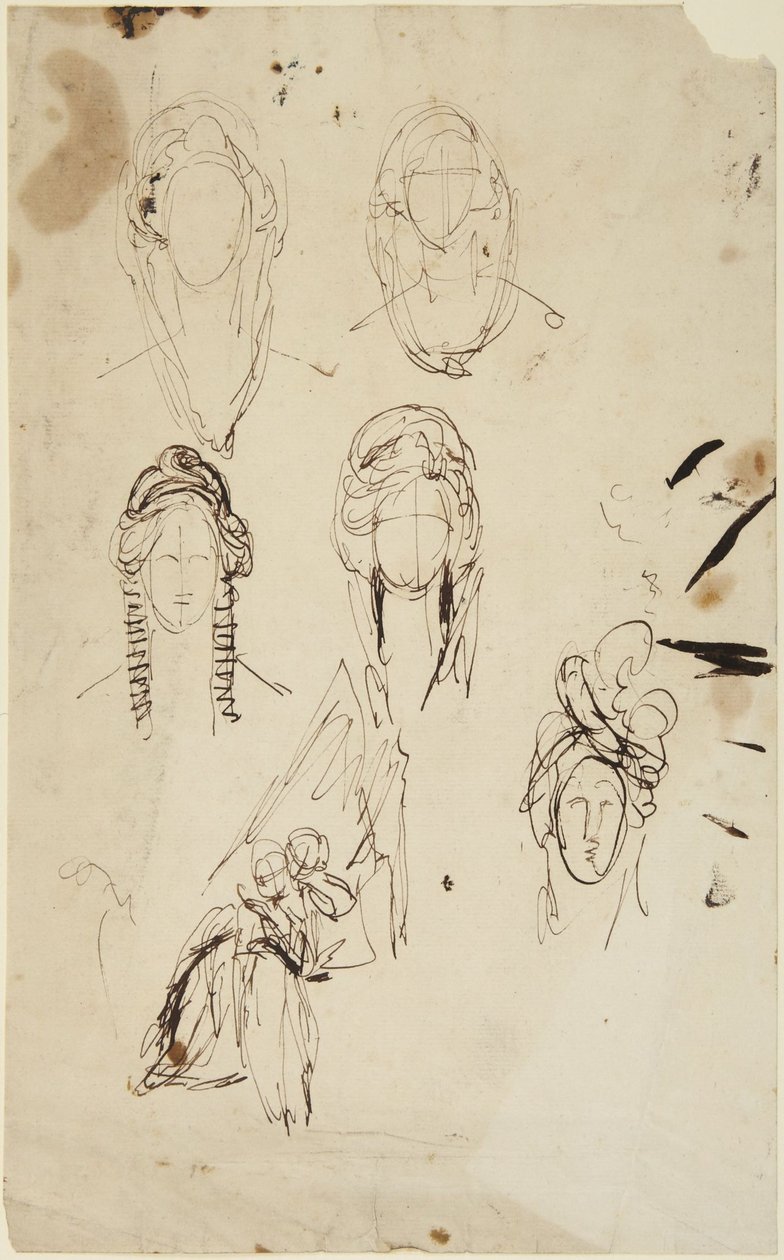 Skisser av et kvinnehode og av en sittende kvinne med et barn av George Romney