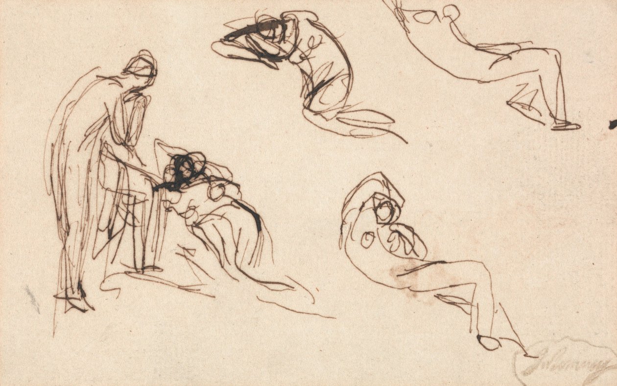 En stående figur og fire liggende figurer av George Romney