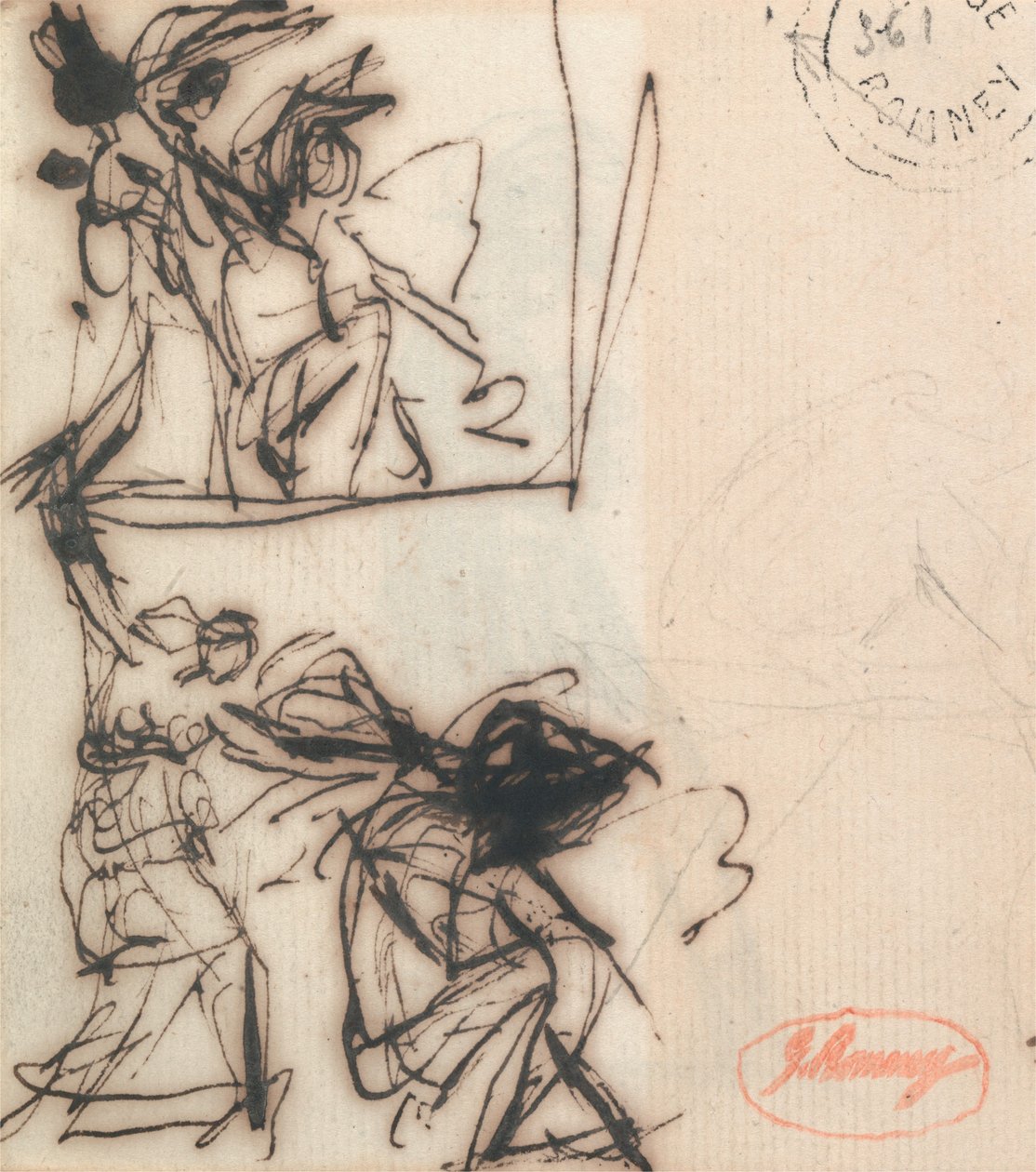 Stående figur med armen løftet og sittende figur av George Romney
