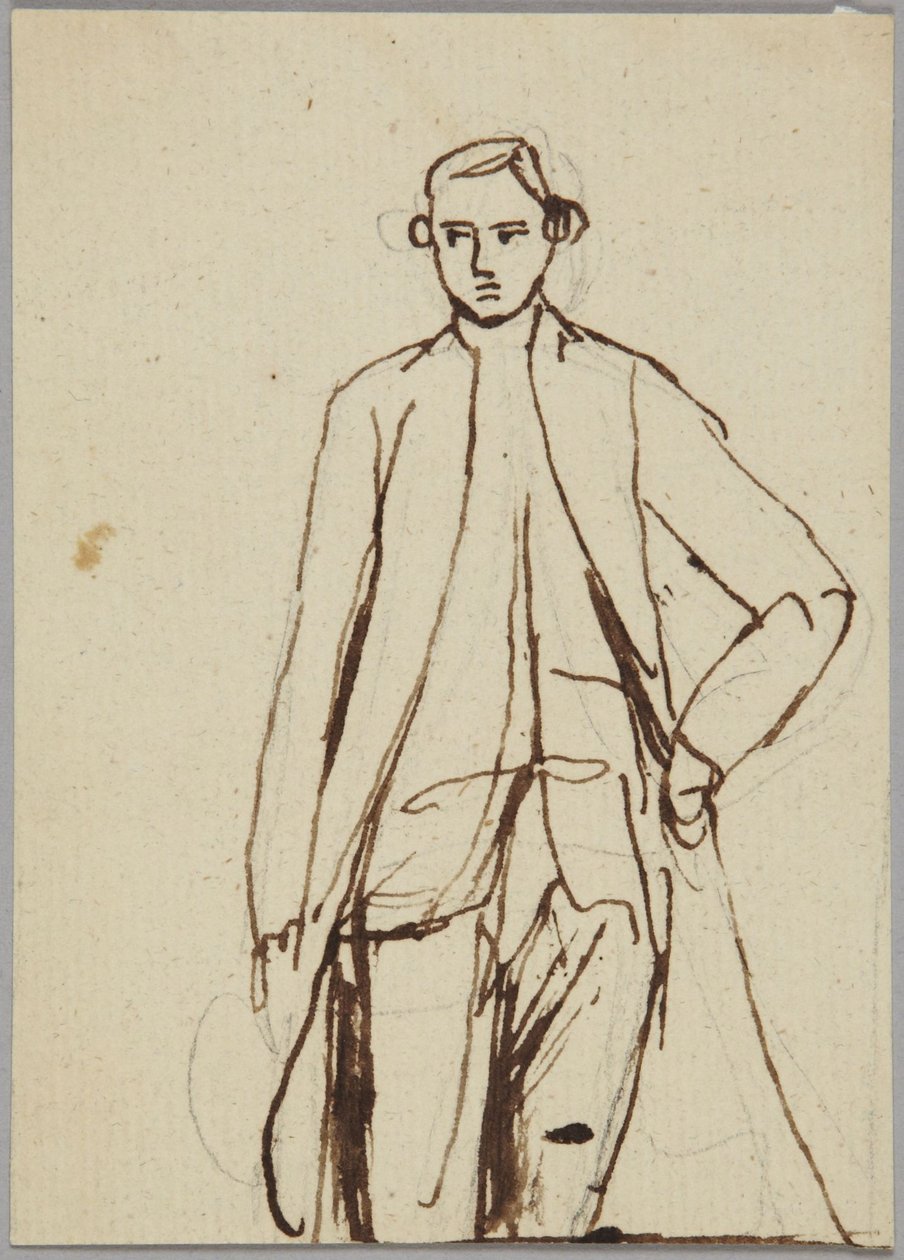 Stående mannlig figur, venstre hånd på hoften, portrettstudie av George Romney