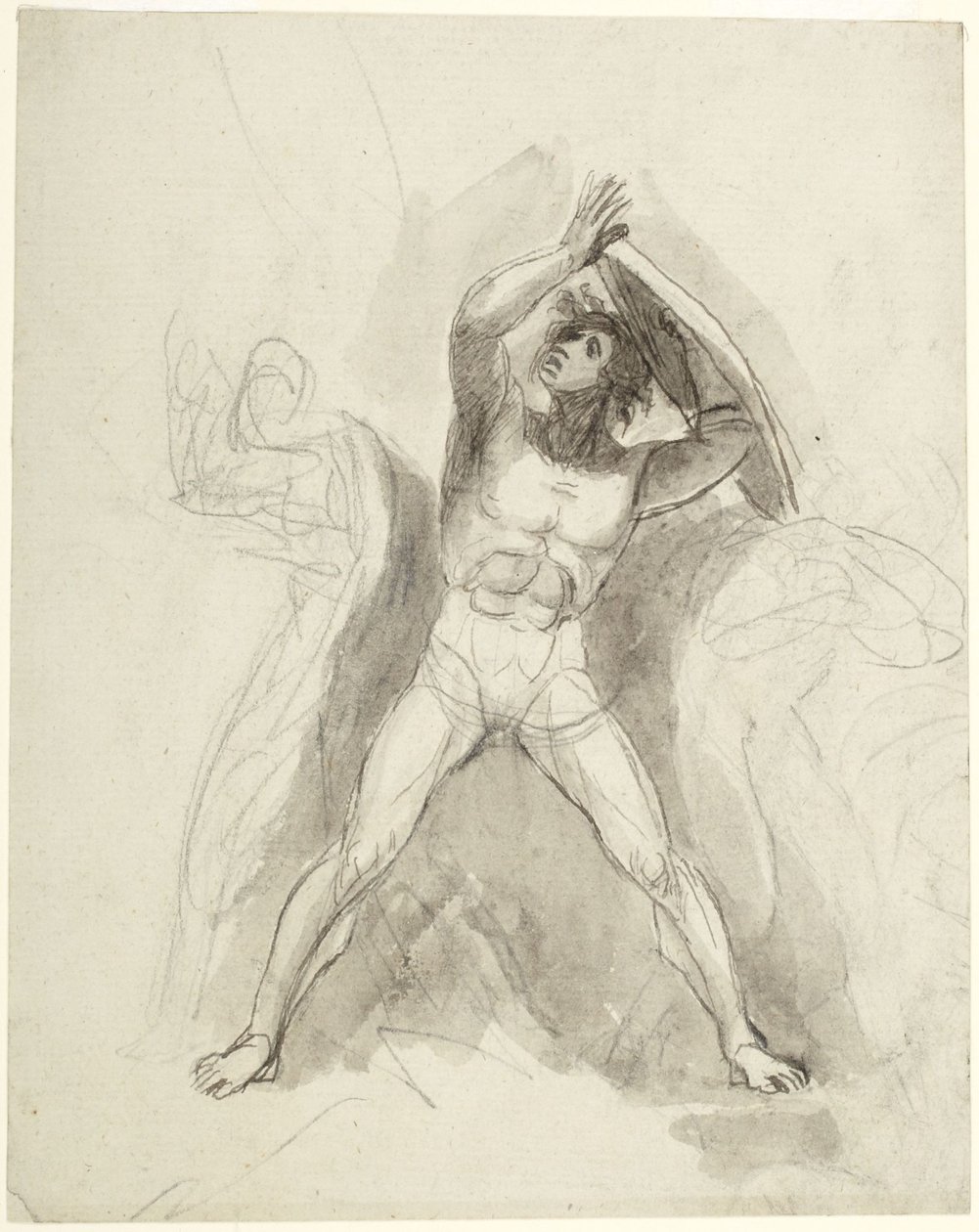 Stående mannlig nakenfigur med skjold av George Romney